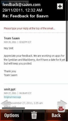 Saavn Music App Coming Soon To Symbian 2 Message from Saavn Music to Smit Popat