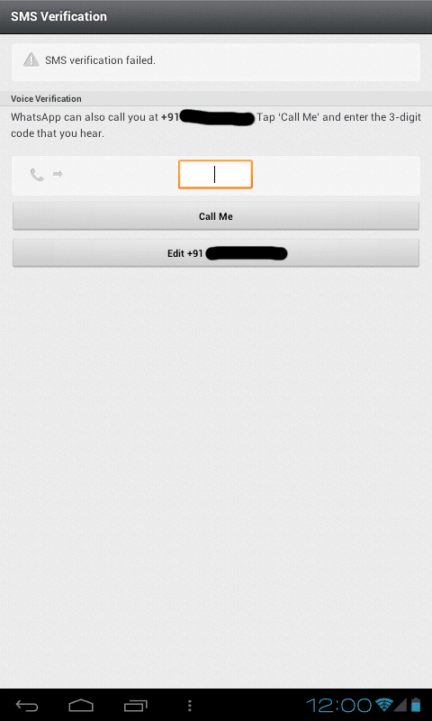 Sms Verification Failed Install Whatsapp app on Android Tablet